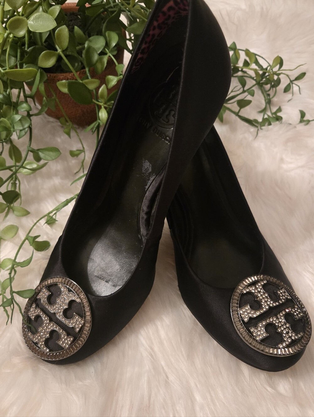 Tory Burch Black Satin Logo Medallion Flats